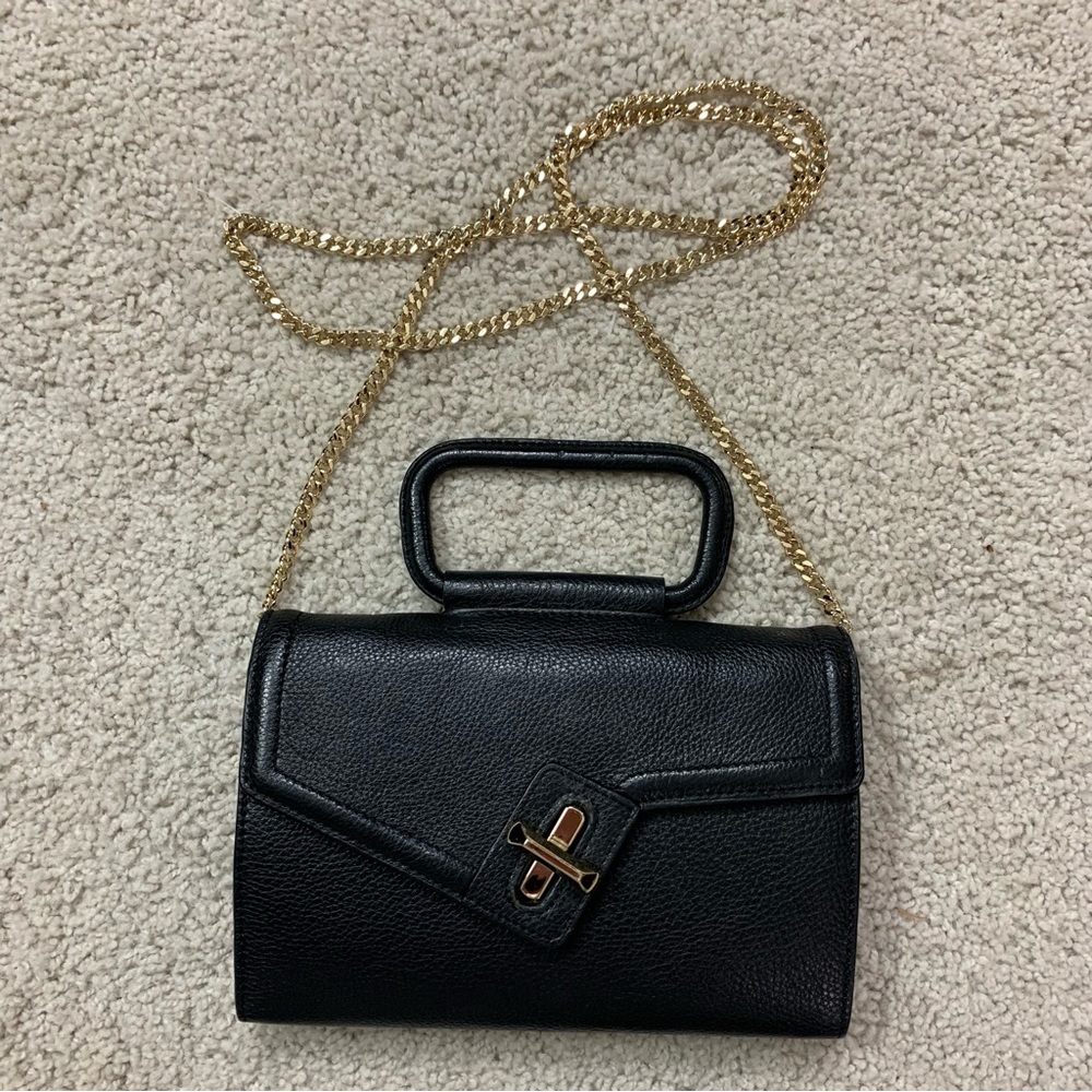 ELA MILCK Black VEGAN LEATHER Envelope CLUTCH Gold Chain EVENING Bag PURSE